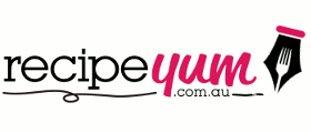 Image Description: a banner image. The image contains the text recipeyum.com.au, where the recipe part is displayed in black serif-text, almost like text from a typewriter and the yum part is in pink sans-serif italic text. Underneath recipe and yum, there is a black curving line and next to the word yum is the logo, which is the black silhouette of the nib of a fountain pen, within the black nib of the fountain pen is a white fork.